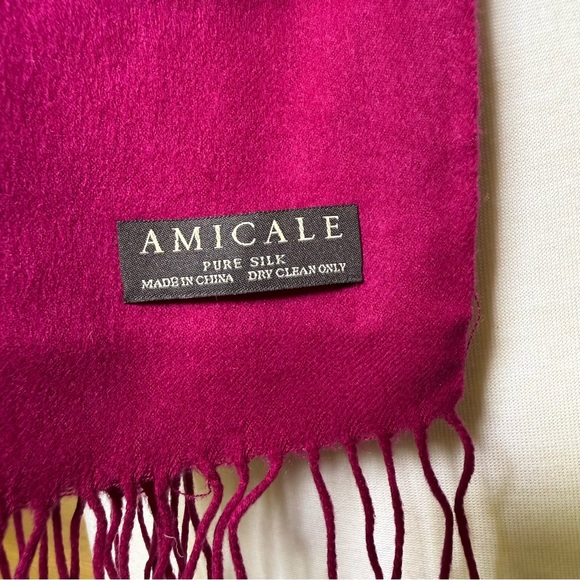 Amicale 100% silk scarf magenta, berry pink, fuscia with fringe detail - EUC - Picture 2 of 11